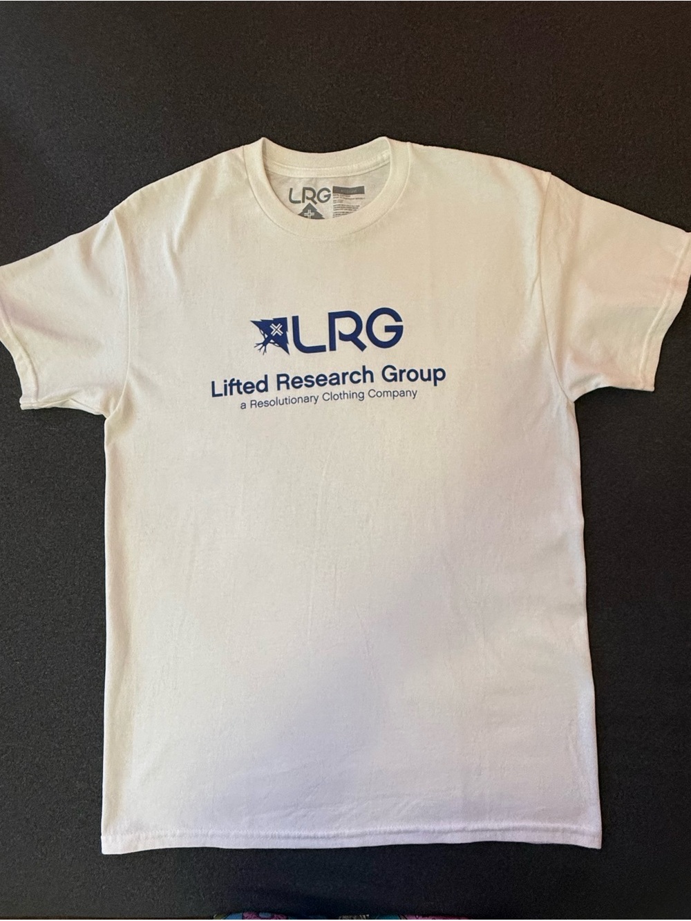 LRG White Tee with Blue Lifted Research Group Logo